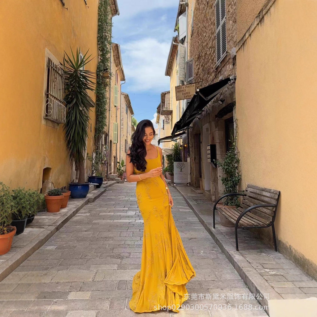 SDM189 Temperament Cross-border Spice Girl Suspender Long Dress Holiday Beach Dress Foreign Trade Supply Wholesale Dress