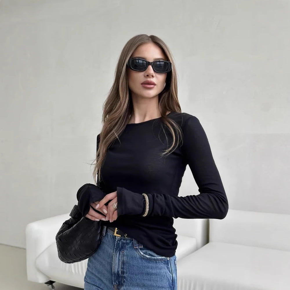 autumn new arrival: cross-border european and american style women's solid color fashion slim-fit round neck flare long sleeve top/t-shirt