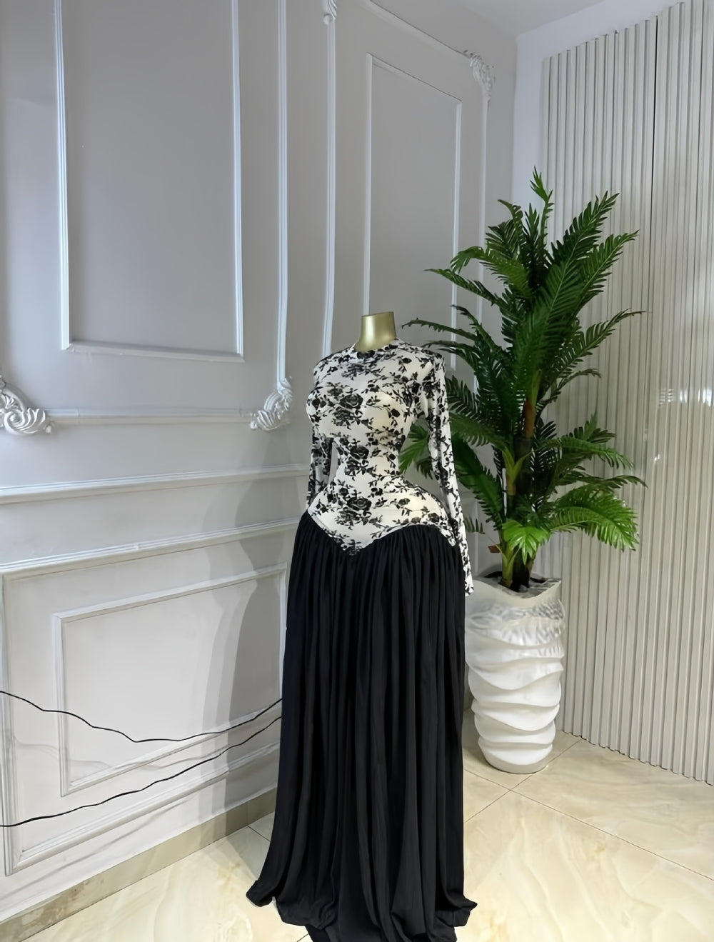 European and american cross-border women's winter  new arrival: long-sleeved stand collar slim-fit patchwork pleated maxi dress - elegant style