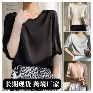 Faux silk five-sleeve t-shirt for women - new summer collection, elegant and relaxed fit, mid-sleeve tee, crew neck top