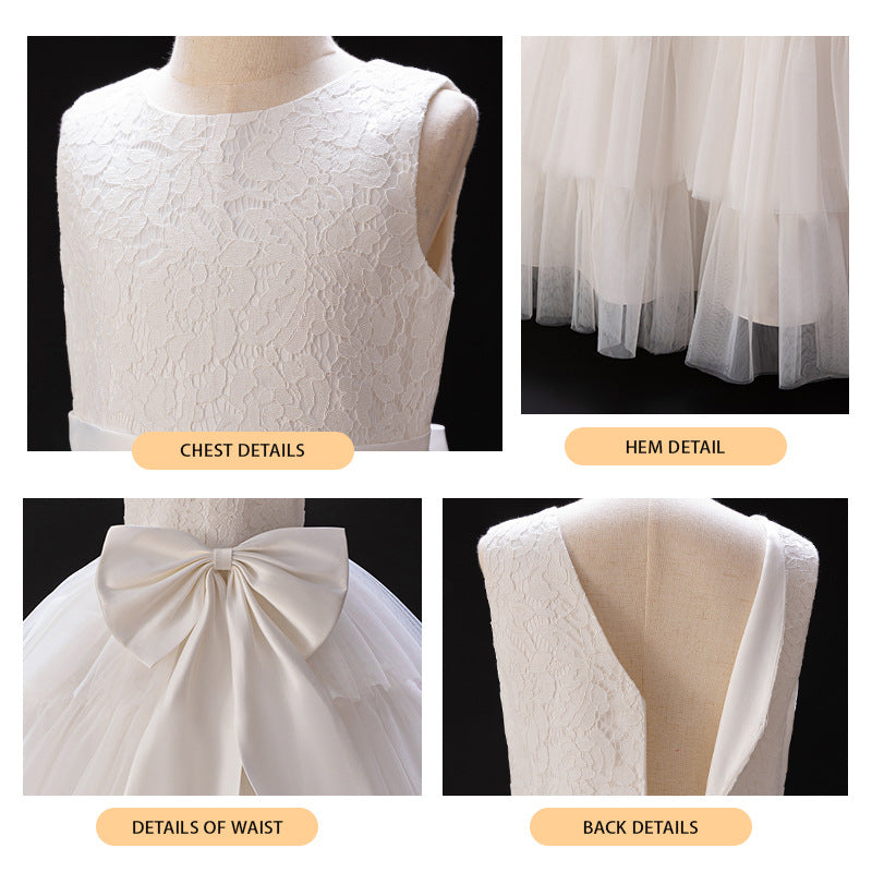Girls' dresses flower girl wedding dress high-end white cake skirt elegant piano performance little girl runway dress european and american style
