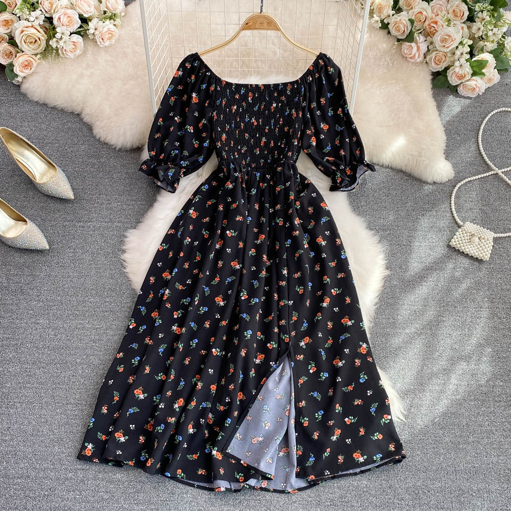 2024 summer new french chic sweet square neck puff sleeve a-line dress with cinched waist and slit – slimming and flattering