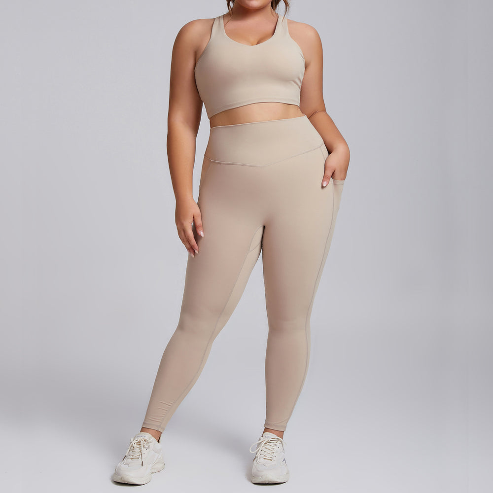 European and american nude feel plus size yoga outfit set - women's premium tight-fitting activewear two-piece set with pockets for fitness