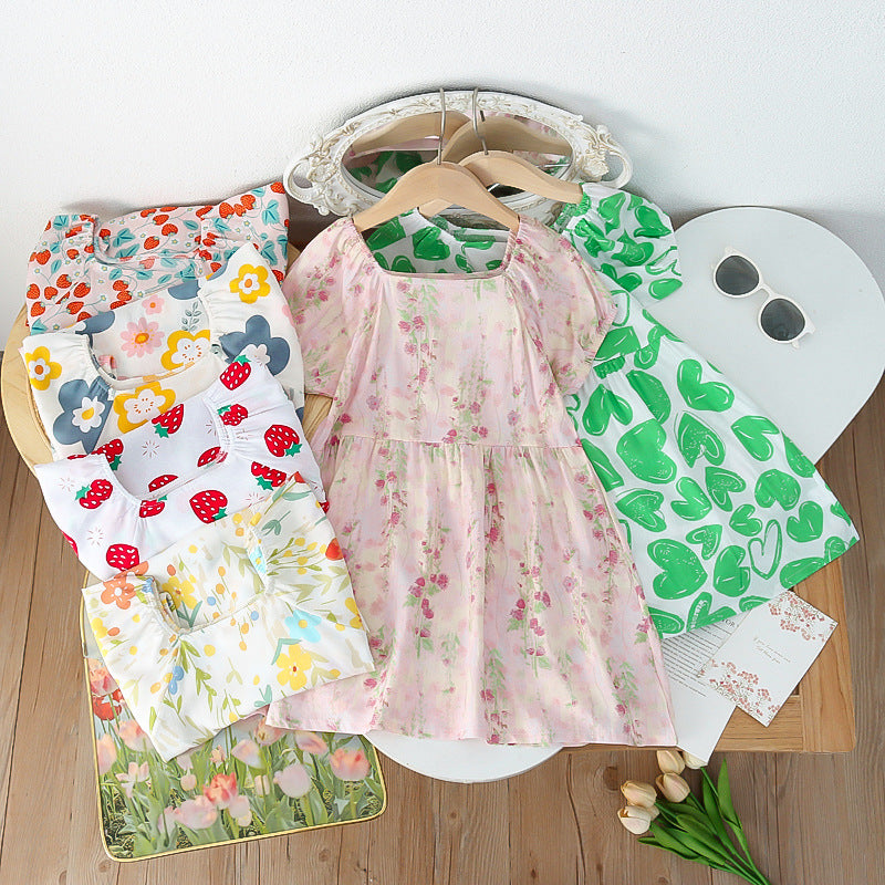 Girls' summer floral dress - trendy bubble sleeve sundress for kids - stylish cartoon print dress