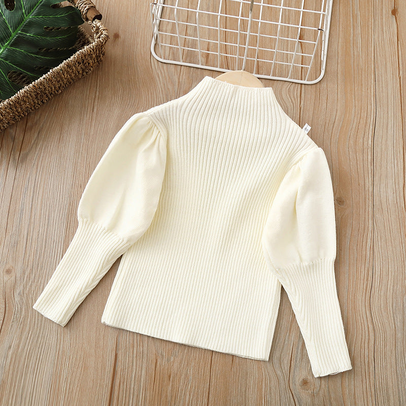 Women's kidssweaterwinterhigh collar puff sleeve bottom shirtpure colorsweatercasualeasiest for matchtops