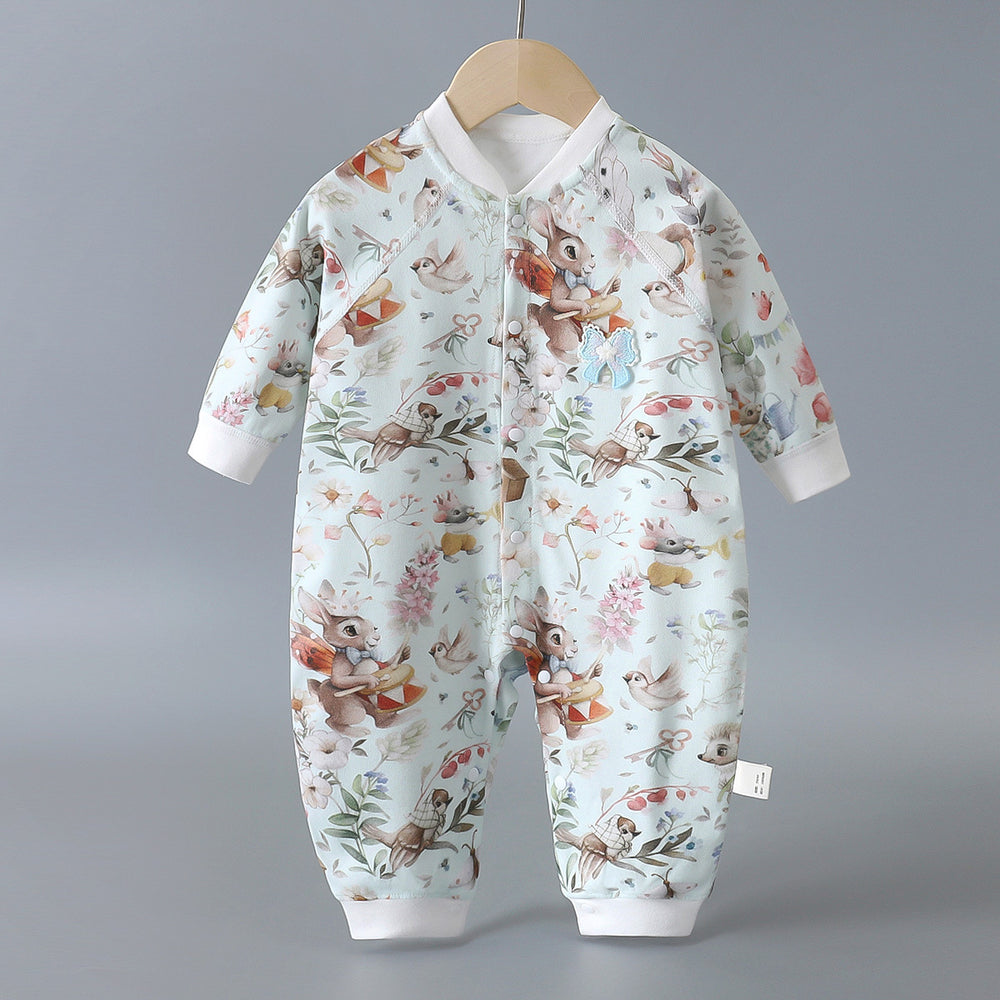 Infant and toddler pure cotton class a onesies, spring and autumn styles, long-sleeved rompers for baby boys and girls, seamless cartoon hooded pajamas, children's clothing