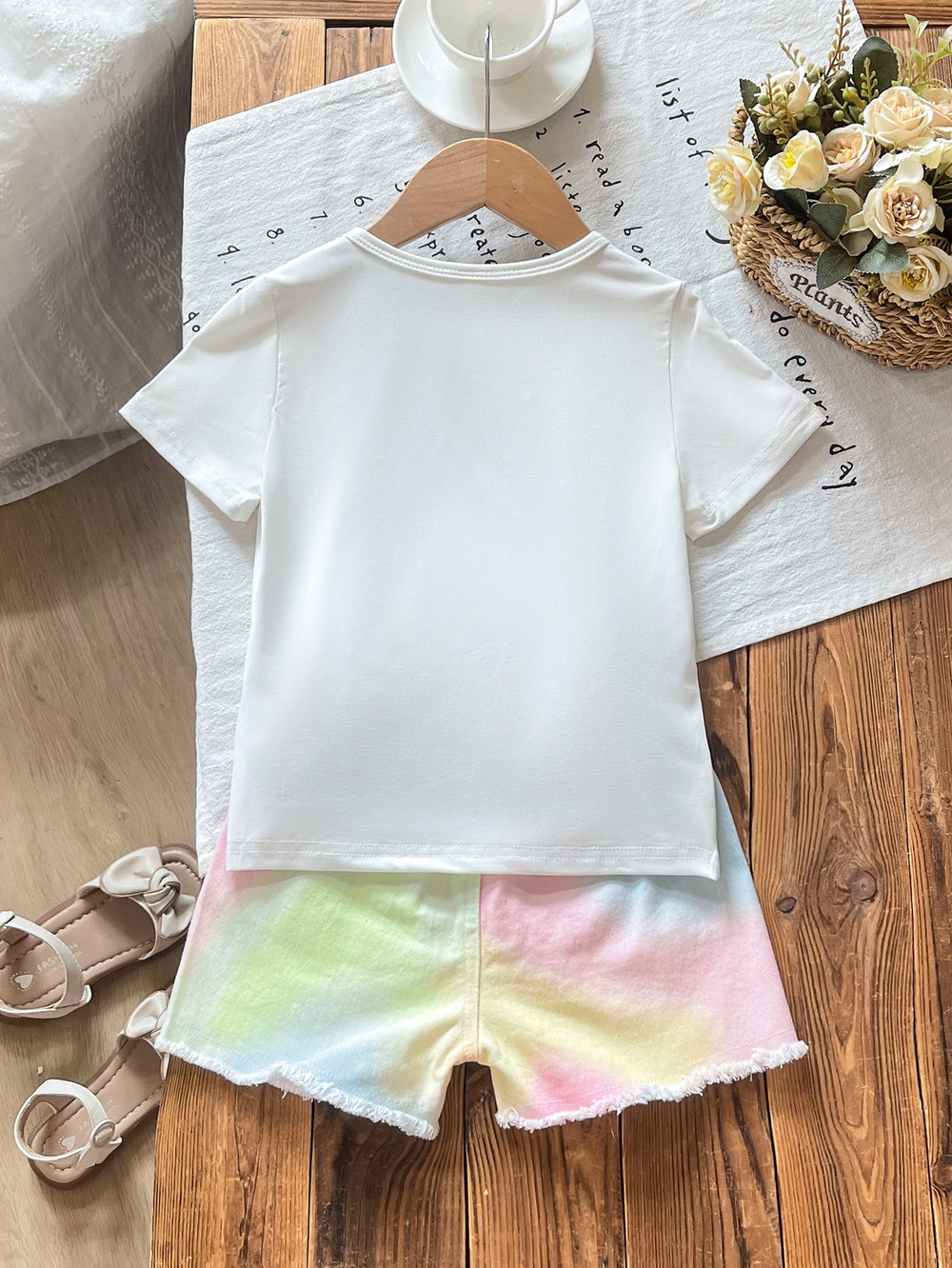 new cross-border girls' round neck 3d floral top + iridescent denim pants two-piece set