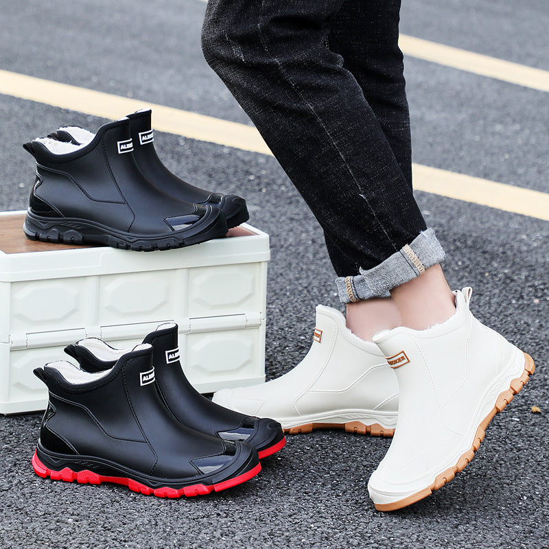Men's rain boots - autumn/winter outdoor fishing waterproof short boots - men's non-slip kitchen/takeout water shoes - fleece-lined cotton boots