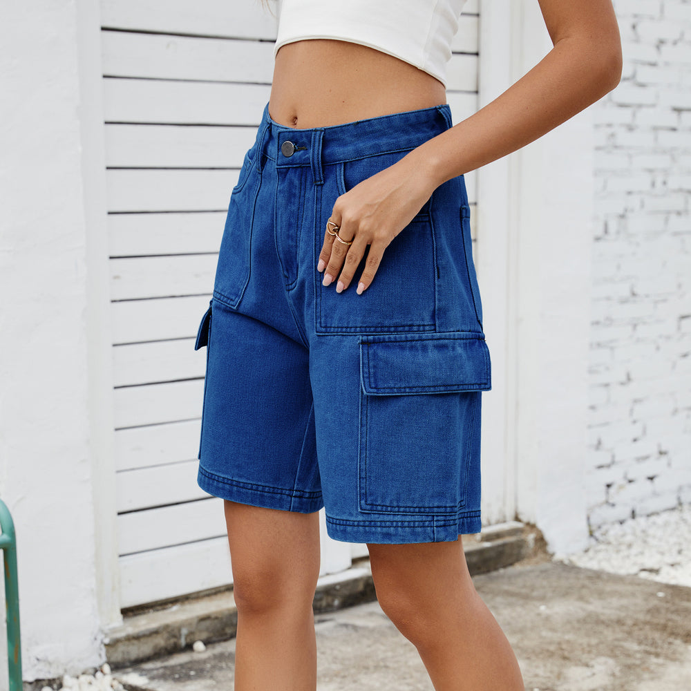 European and american cross-border summer new arrivals:   street style trendy washed denim cargo shorts for women