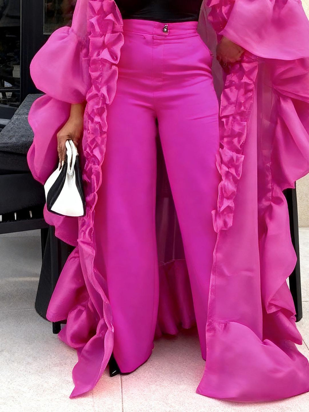 African plus size loose pleated lace ruffle sleeve top and wide leg pants set - party wedding robe two-piece outfit
