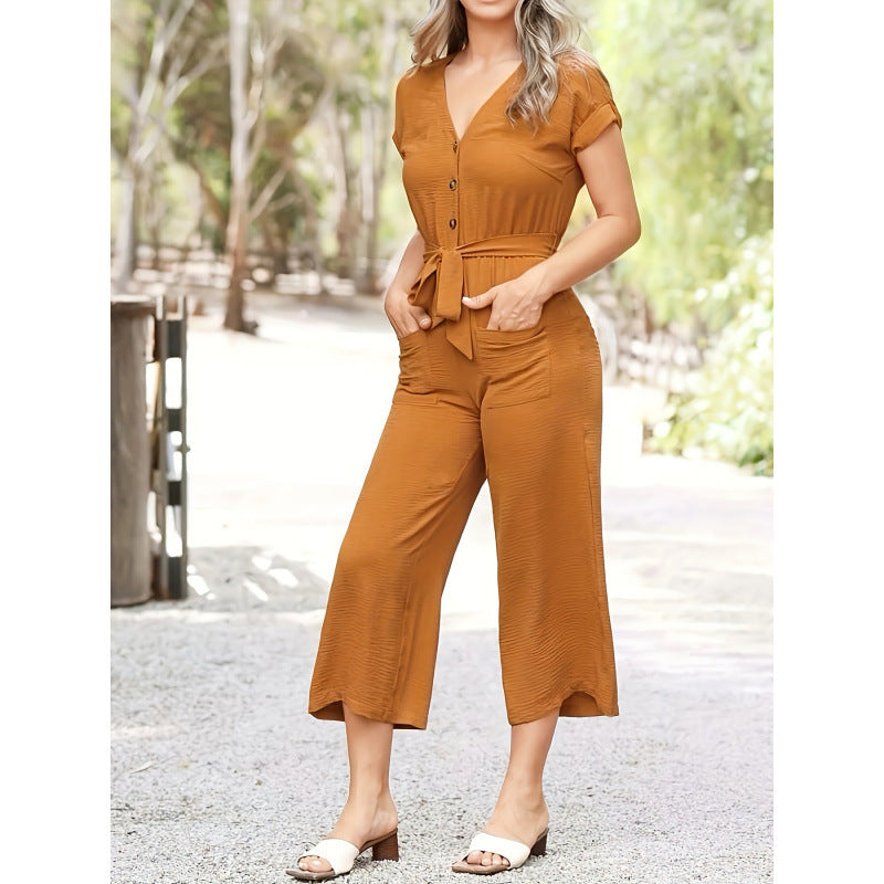 Aliexpress cross-border new women's short-sleeve loose fit slimming wide-leg jumpsuit