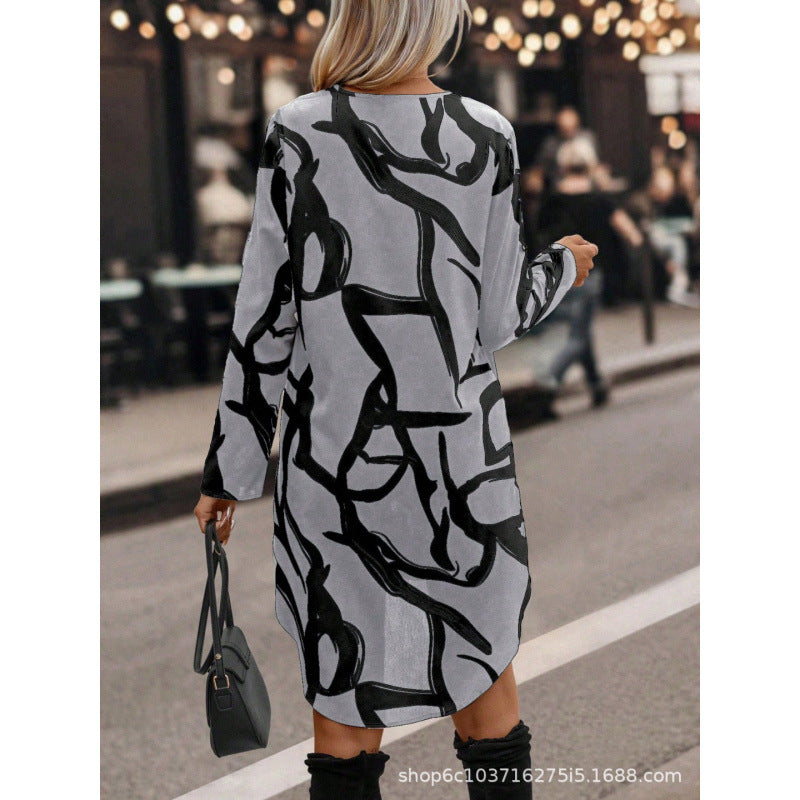 Women's  autumn new arrival: fashionable and elegant tie-waist ruffle collar puff sleeve a-line printed dress