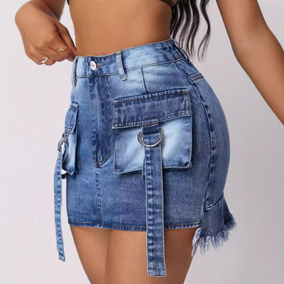 Pre-sale-15619# cross-border women's casual fashion workwear large flap pocket pants decorative belt denim skirt