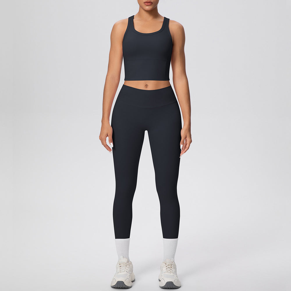 New arrival: cross-border double-sided brushed solid color breathable tank top long yoga set - two-piece activewear for running and fitness