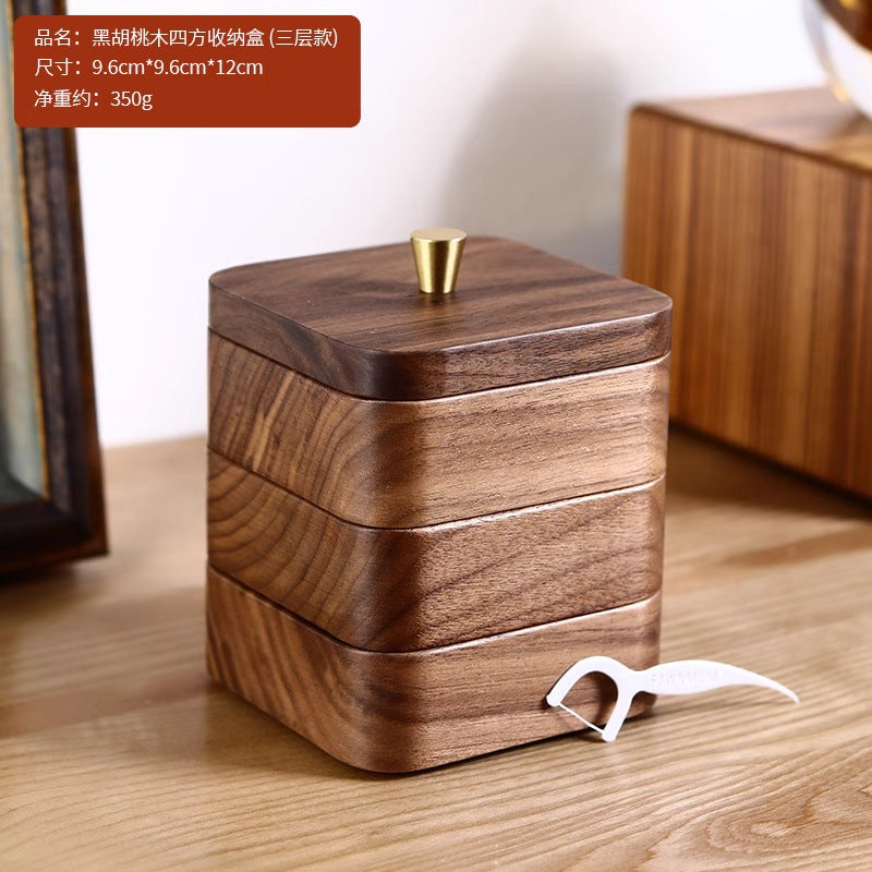 High-end walnut floss storage box multi-layer cotton swab box for home toothpick cotton swab box dust-proof creative solid wood box