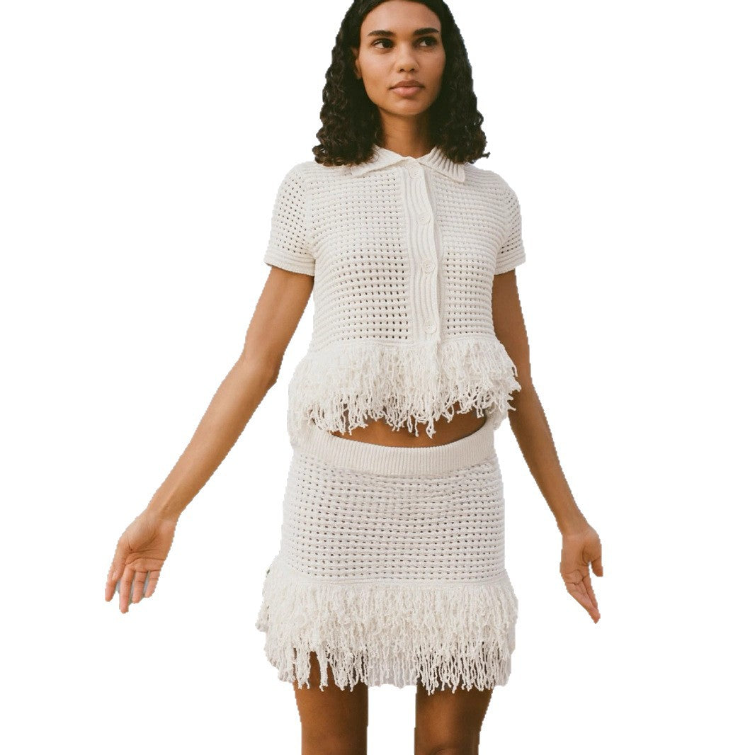 Europe, America and the United States in the summer of 2025, the new hollow tassel short-sleeved knitted cardigan + short skirt two-piece set