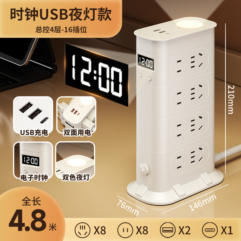 Multi-functional usb power strip socket - dorm room student power strip with long cord, home office desk panel with clock and night light