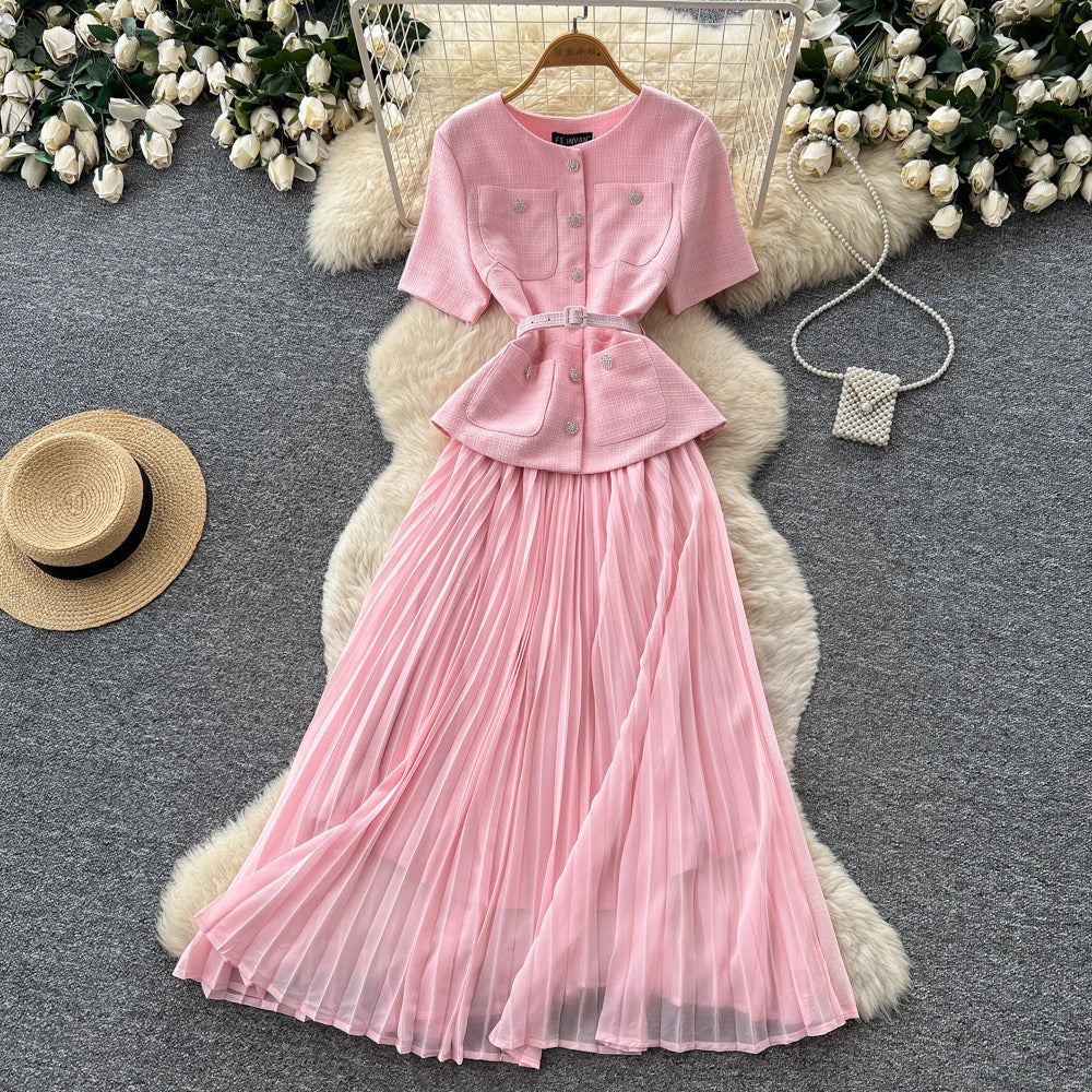 Xiaoxiangfeng pink a-line heavy industry pleateddress women's summer short-sleeved high waist waist pleated long skirtaccessible luxuryelegant