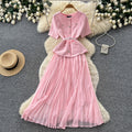 Xiaoxiangfeng pink a-line heavy industry pleateddress women's summer short-sleeved high waist waist pleated long skirtaccessible luxuryelegant