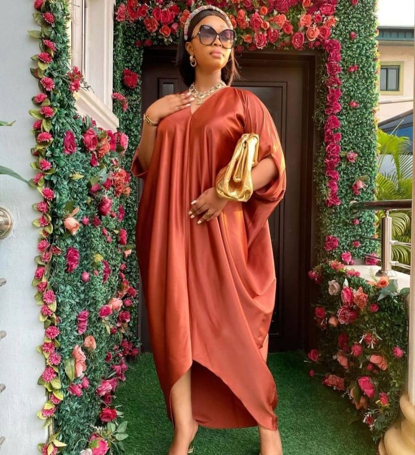 Glossy silky satinloosev neck bat sleeve mid-sleeve plaidfashion long skirt dress cross-border supply
