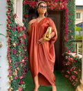 Glossy silky satinloosev neck bat sleeve mid-sleeve plaidfashion long skirt dress cross-border supply