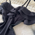 Luxury evening gown for women - french design, off-the-shoulder, spaghetti strap, mesh paneling, cinched waist, and slit dress