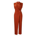 C8576  foreign trade women's new elegant blazer collar cinched waist chain detail loose wide leg jumpsuit