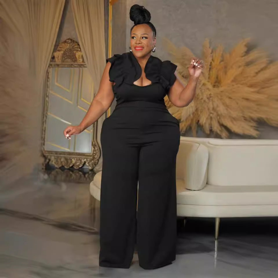 S10889 European and American sexy, large size suspender lace stretch slim wide-leg jumpsuit