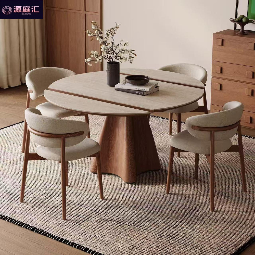 Vintage-style travertine rock slab extendable dining table and chairs - space-saving, foldable, round/square convertible retro round dining table for home use