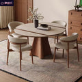 Vintage-style travertine rock slab extendable dining table and chairs - space-saving, foldable, round/square convertible retro round dining table for home use