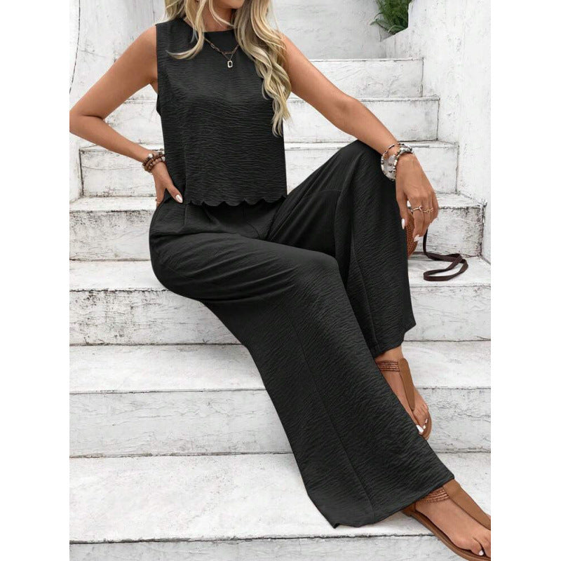 Shipped:  independent station fashion cross-border sexy casual pants see-through vacation style trousers hollow-out two-piece set