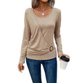 women's button-front long sleeve top - round neck ruched casual tee