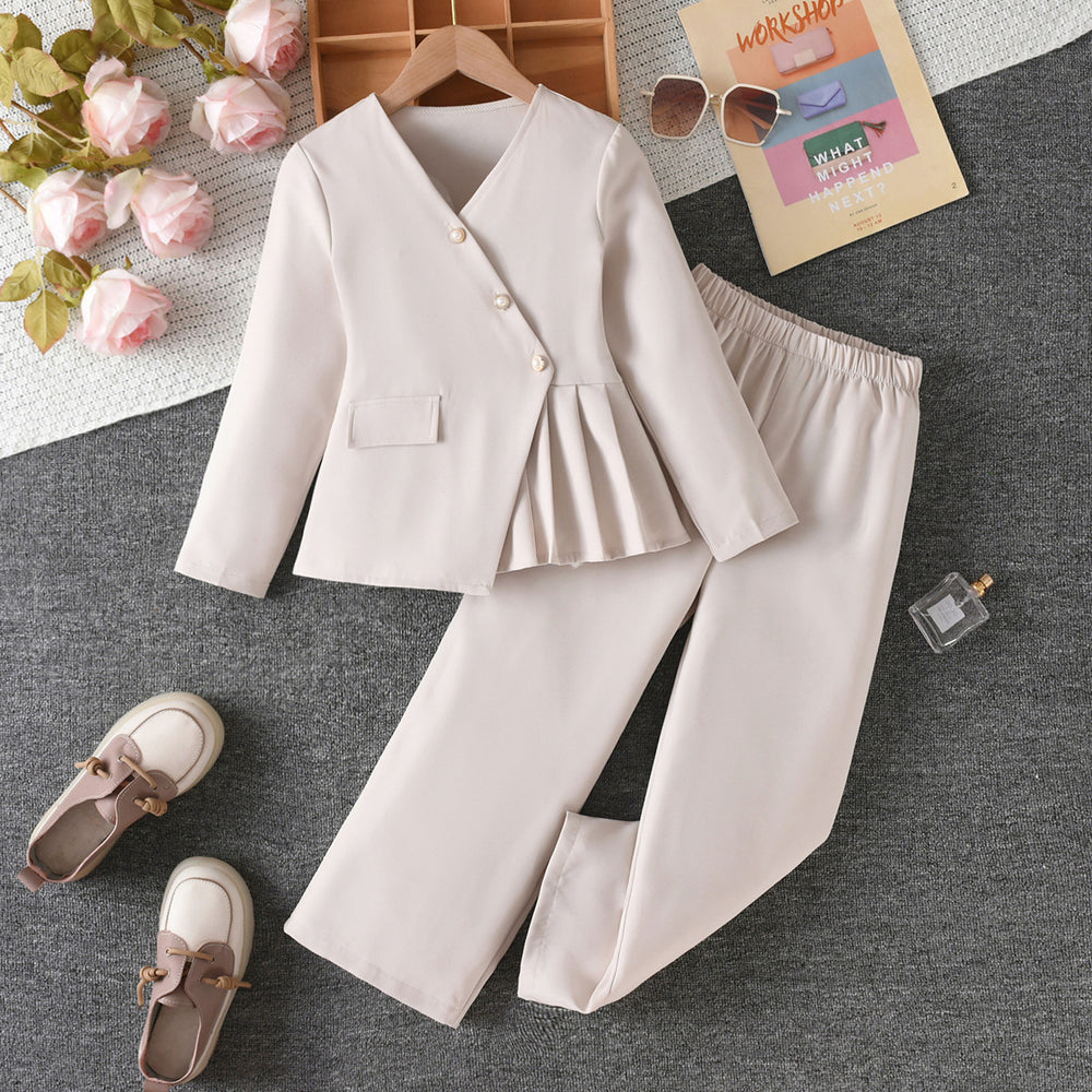 girls' two-piece set: off-white, asymmetrical, wrap-front jacket and trousers, autumn pantsuit for kids