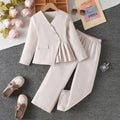 girls' two-piece set: off-white, asymmetrical, wrap-front jacket and trousers, autumn pantsuit for kids