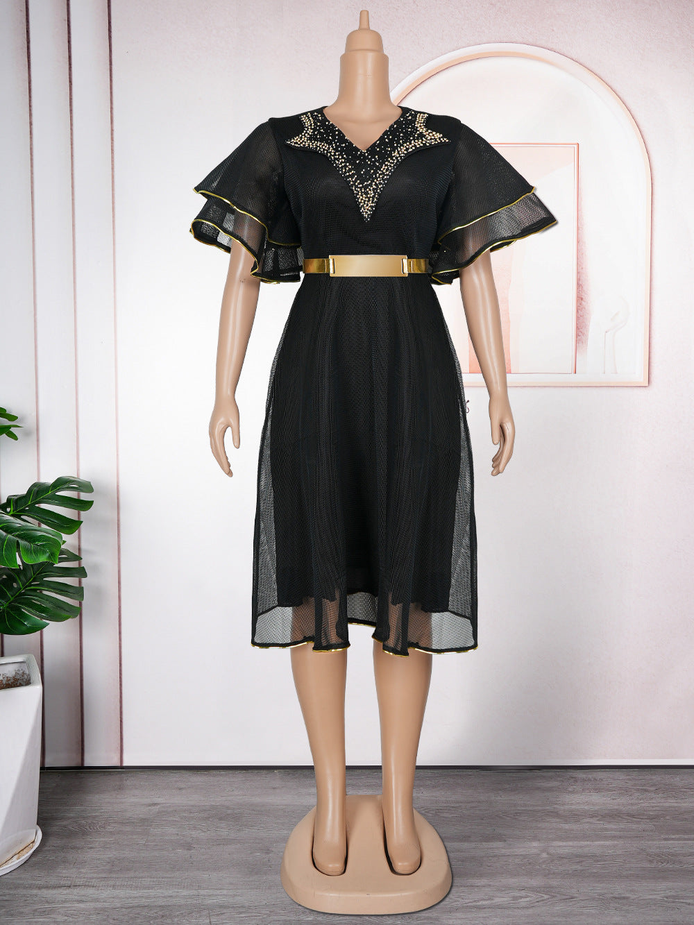 Fashion cross-border export african women's clothing plus sizev neck hip skirt  high waist bubble bead dress comes with belt