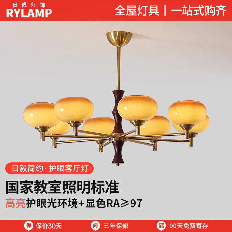 Wabi sandy wind medieval vintage persimmon living room chandelier bedroom study dining room solid wood cream wind Zhongshan lamps