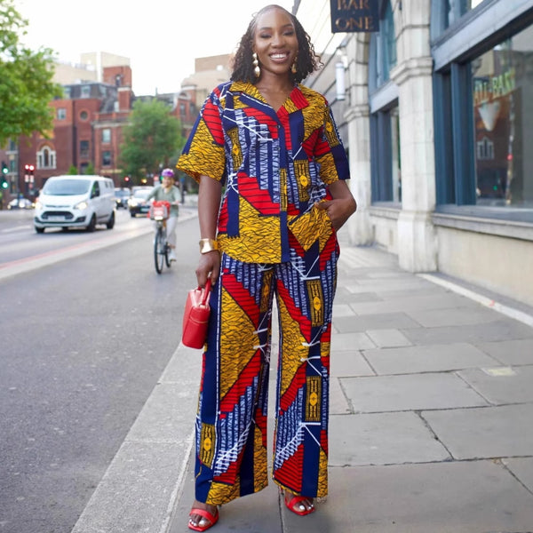 European and American large size loose lapel short-sleeved printed cardigan shirt African casual wide-leg trousers foreign fashion suit