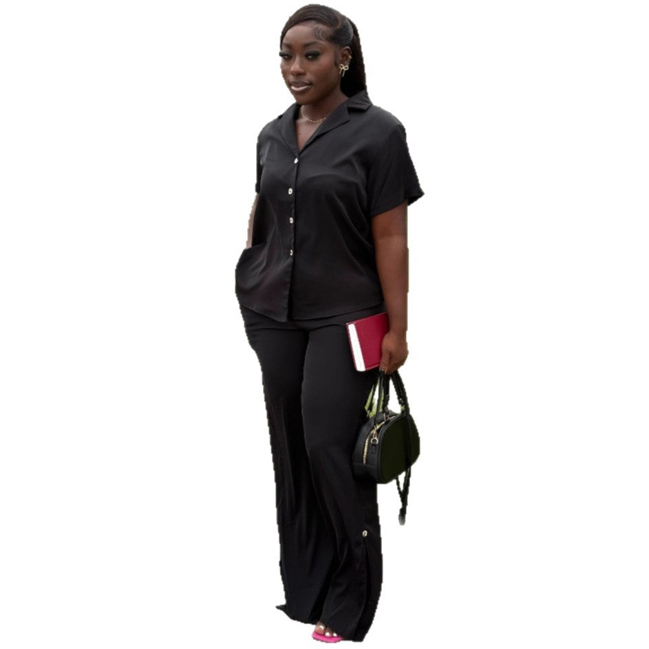 Cross-border European and American women's clothing solid color lapel cardigan shirt top women's African style fashion wide-leg trousers two-piece set