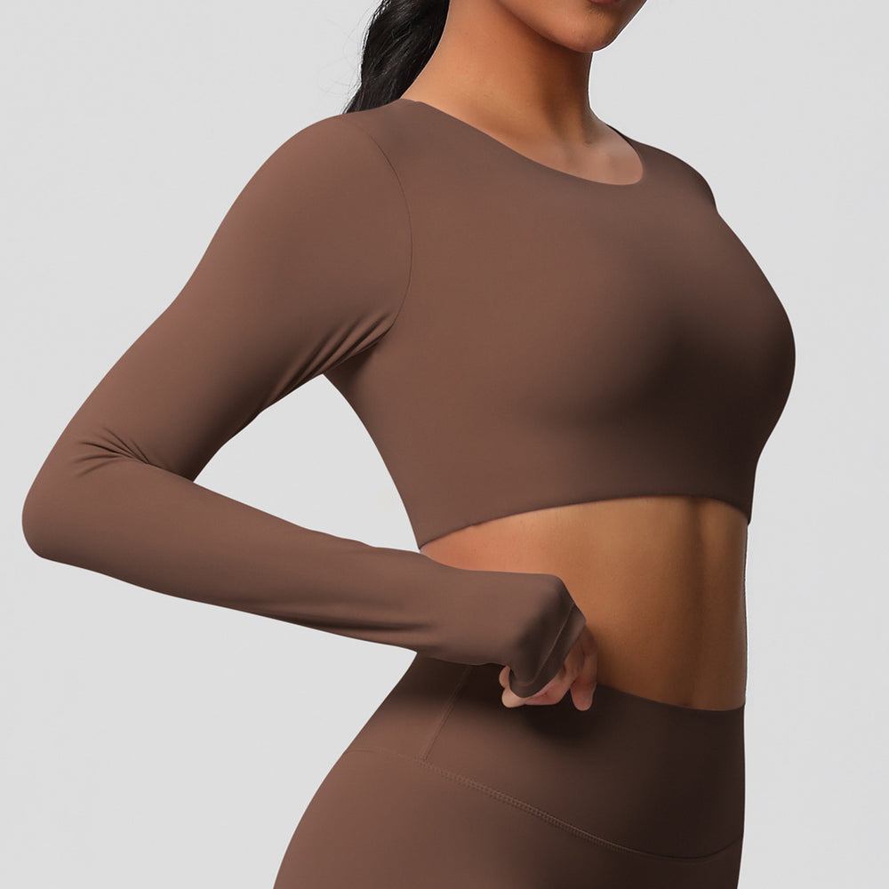 Ready-to-ship, cross-border, double-sided brushed, long-sleeved yoga top with built-in bra pads, suitable for pilates, running, and other workouts. women's