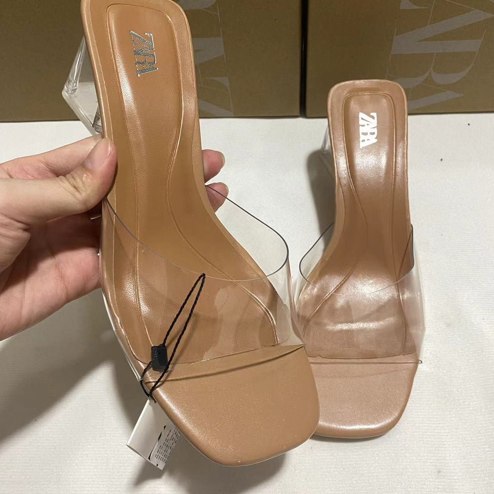 New 2024 women's single strap square toe pvc open toe glass heel slingback fashion sandals