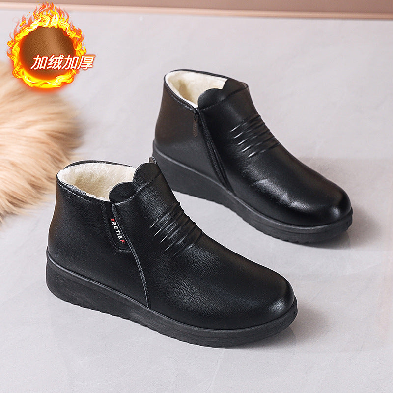 Thickenedheattech middle-aged and elderly cotton shoes women's winterladieswear shoes fleece-linednon-slipflats soft bottom plaid grandma leather shoes