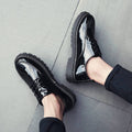 Teenage black british style leather shoes for men, korean style, trendy and versatile, round-toe lace-up casual shoes for students, men's patent leather shoes