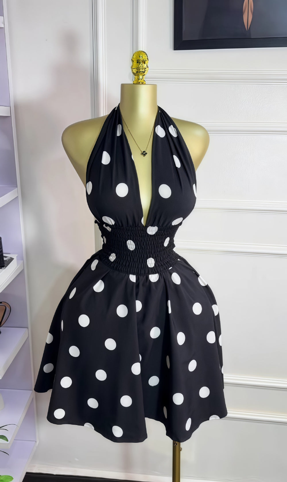 European and american cross-border women's fashion  summer new arrival polka dot sleeveless v-neck tie-back cutout waist short dress