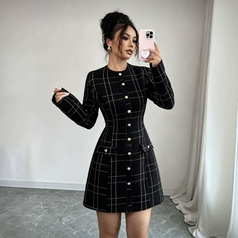 cross-border fashion: elegant chanel-inspired plaid long-sleeve dress - versatile and chic