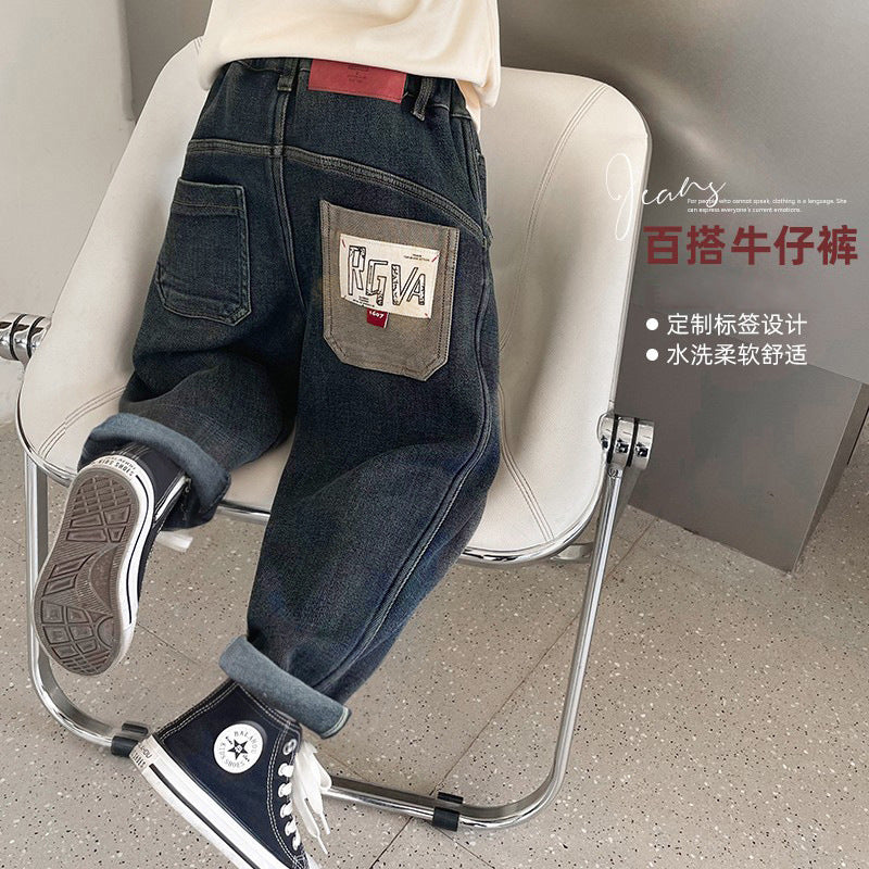 Boys' jeans spring collection - spring/autumn style  new arrival - mid-to-large size children's korean style fleece-lined thickened trousers