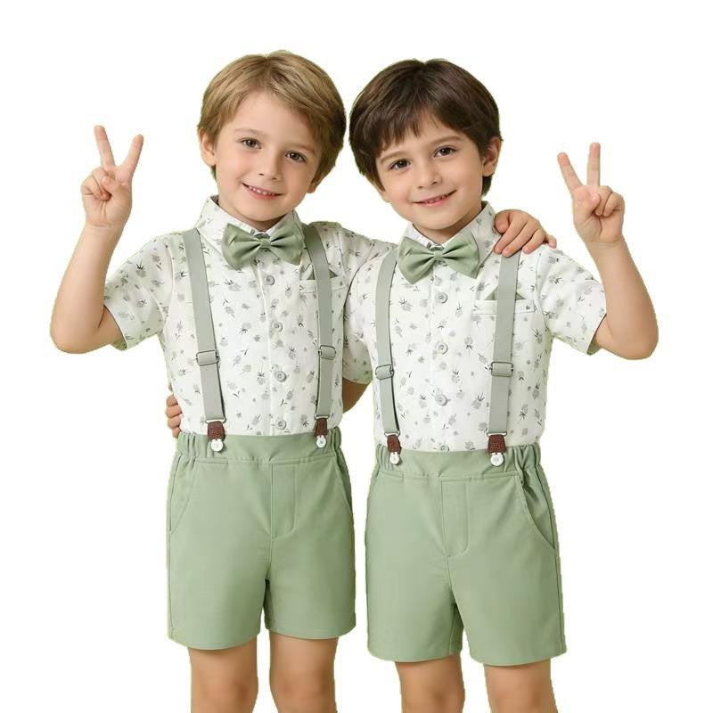 new arrival: korean style children's gentleman outfit - suspender set for boys, featuring a printed short-sleeve shirt