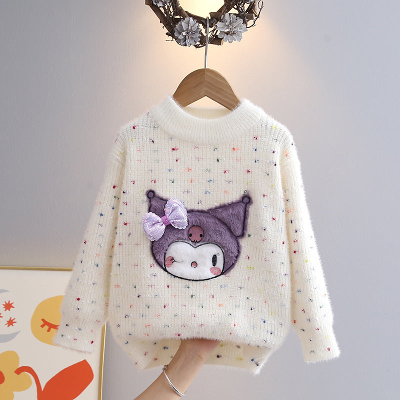 Girlsweater round neck knitting bottom shirt new arrival heartcolorfulsweetfleece-linedthickened children's sweater