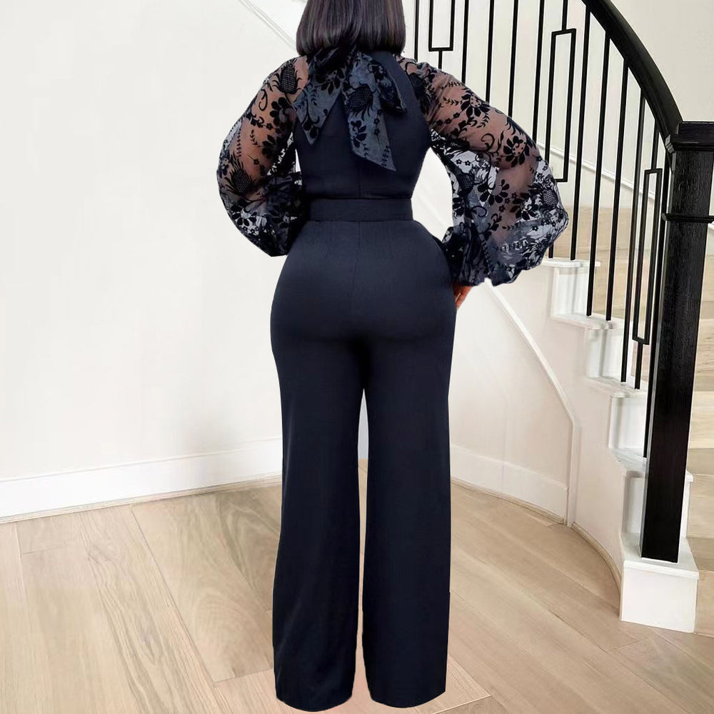 D250 free belt  stand collar mesh lantern sleeves silmplus size women's african wide leg european and american jumpsuit
