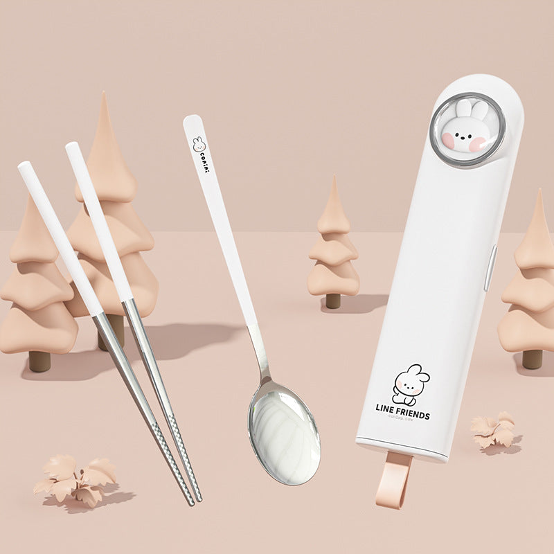 Cartoon cute portable tableware box student spoon chopsticks stainless steel picnic outdoor travel tableware set wholesale