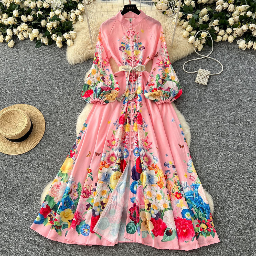 Elegant dress - spring  collection: european & american court style, printed stand collar, single-breasted button closure, cinched waist, lantern sleeves, and flowy maxi length